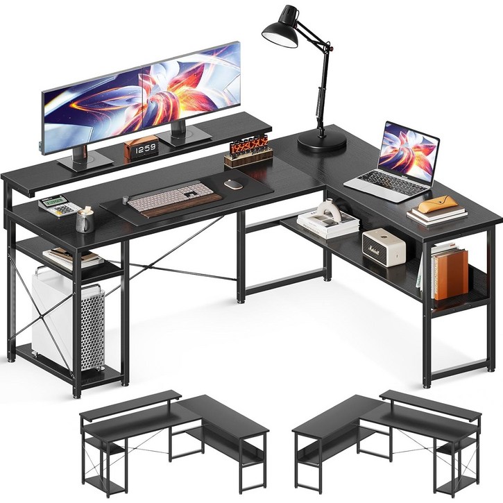 AODK 모니터 받침대 포함 수납형 ㄱ자 코너 책상, 블랙