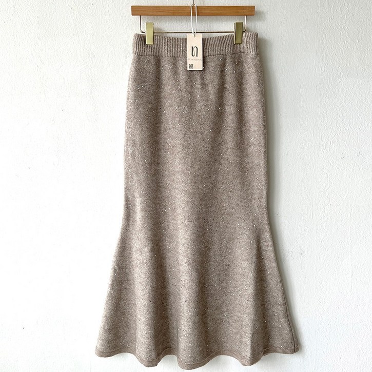 네모엔룩 블링슈가 여성용 머메이드 슬림라인 스팽글 반짝이 허리밴딩 롱 니트 스커트