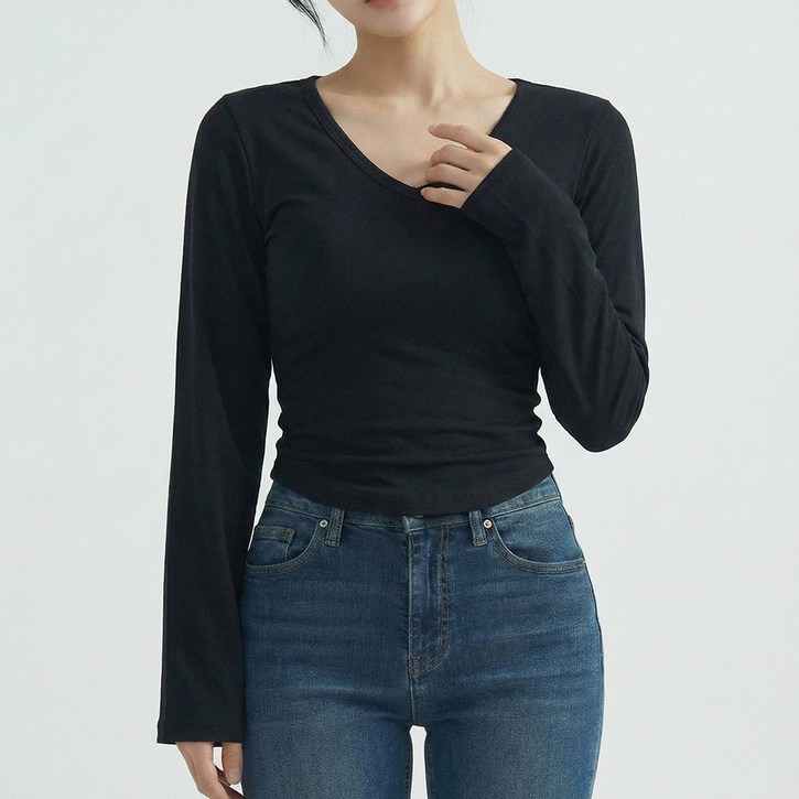 슬로핏 여성 소프트 슬림 브이넥 티셔츠 무지 긴팔 데일리 이너 여리핏[3사이즈]