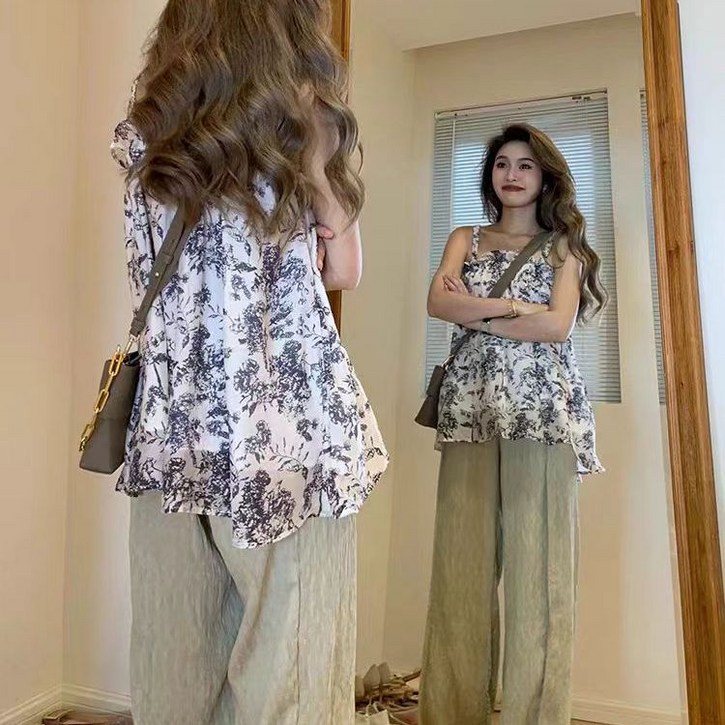 여자 여름 쉬폰 나시티 시폰 끈나시 블라우스 캐주얼 루즈핏 인쇄 디자인 JS