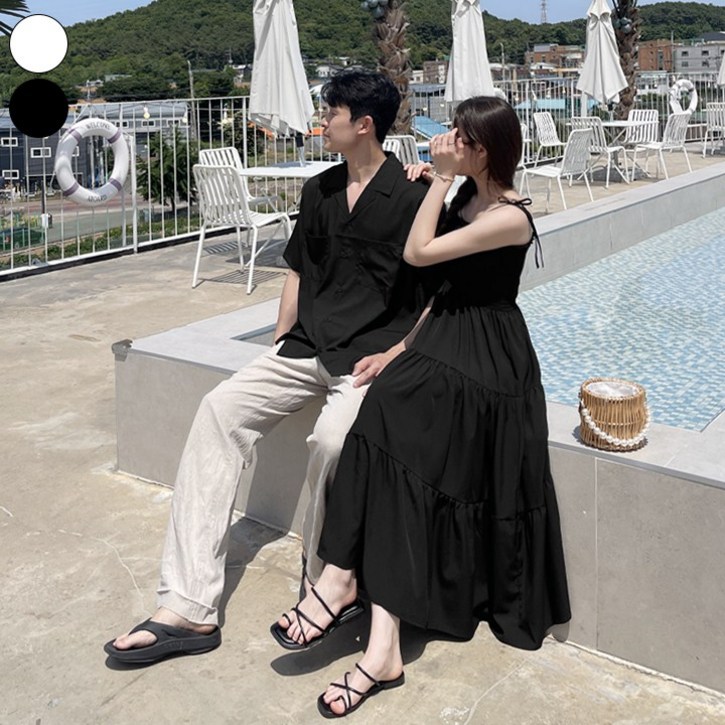 가비진 여성용 스모크 끈 롱 원피스  무지 카라 반팔셔츠 남녀 커플룩 시밀러룩 휴가룩 바캉스룩 세트 남여개별구매