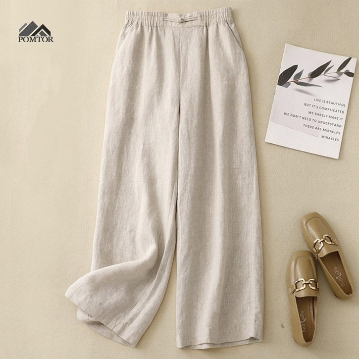 POMTOR 여성 여름 린넨 와이드 팬츠 밴딩 바지 데일리룩 린넨 통바지