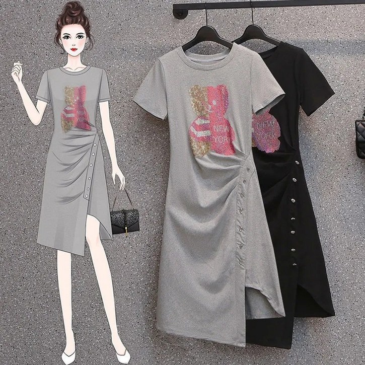 녕동 여성 라운드 반팔 롱티 원피스 캐주얼 슬림 A라인 프린트 언발 원피스 여름 스커트