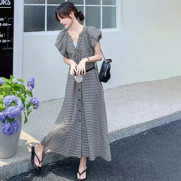 여름 체크 롱원피스 여성 브이넥 프릴 소매 허리벨트 반팔 원피스 휴양지 데일리룩