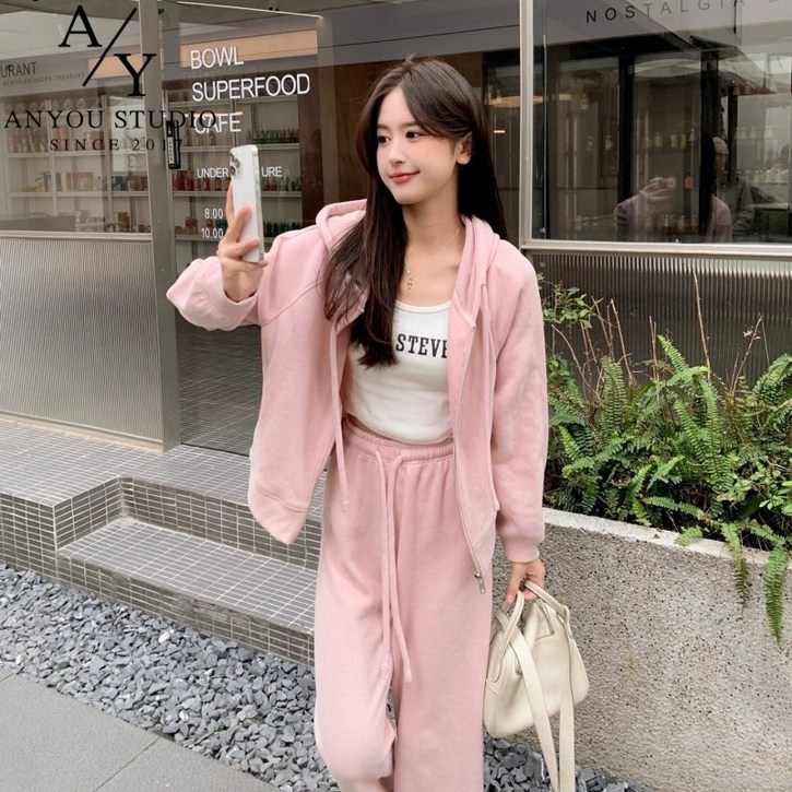 ANYOU 패션 여성 트레이닝세트 봄 가을 빅사이즈 집업 후드티와이드 팬츠 운동복 핑크색 오버핏 캐주얼 세트 데일 츄리닝세트 투피스