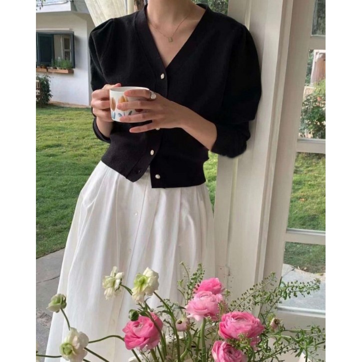 루어스룸 라미르 가을 브이넥 진주버튼 퍼프 브이넥 간절기 파스텔 루즈핏 하객룩 가디건