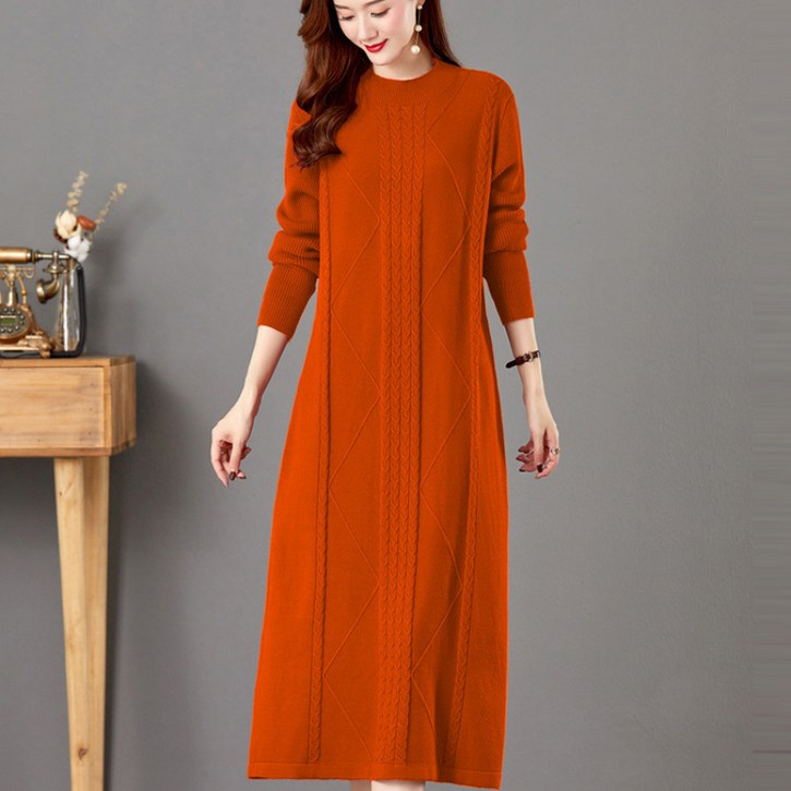 시연 가을 겨울 라운드 롱 원피스 드레스 슬림 니트 스웨터 스커트