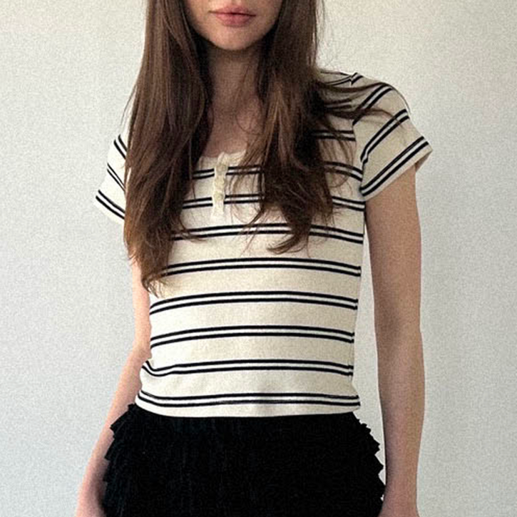 디바이브 여성 스트라이프 반팔 티셔츠 여름 줄무늬 헨리넥