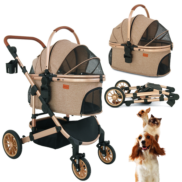 Bicystar 바퀴가 4개 달린 반려동물 유모차 소형중형 반려견용 접이식 여행용 캐리어 최대 50파운드 탈착식 휴대용 가방 수납 바구니 카시트 3 in 1 다기능, 카키색