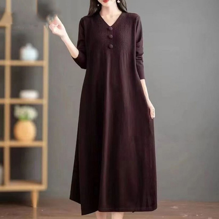 봄 가을 중년 여성 니트 원피스 캐주얼 이너 치마 원피스 슬림핏 루즈핏 엄마 브이넥 니트 원피스 CY