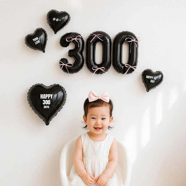 해피제이니 블랙 핑크 숫자 리본 하트 기념일 풍선세트자유레터링, 1세트, 블랙300