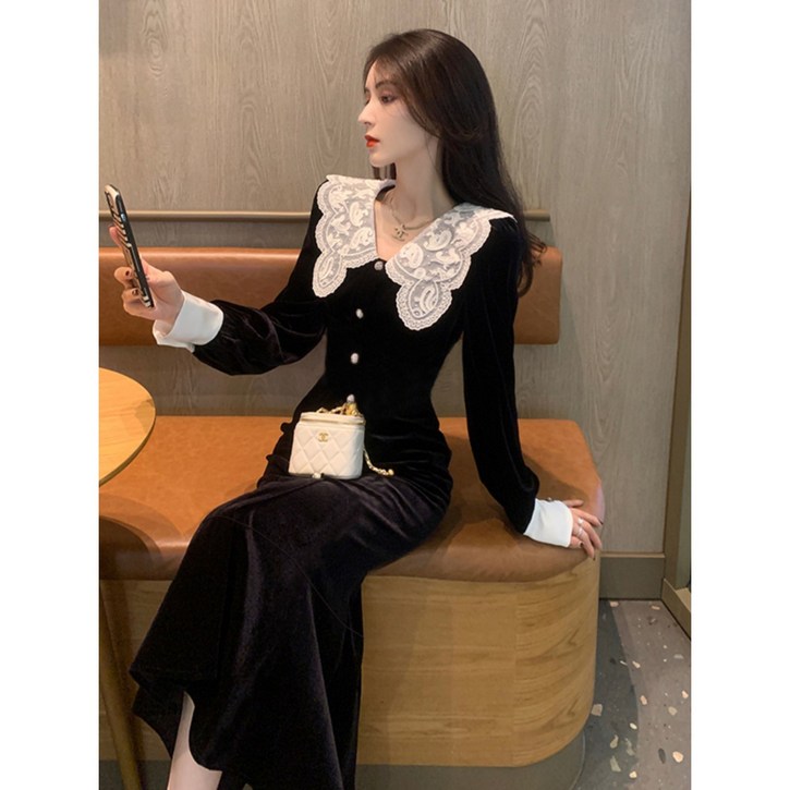 그루밍 grooming 여성 봄 벨벳 카라 레이스 롷 드레스 원피스