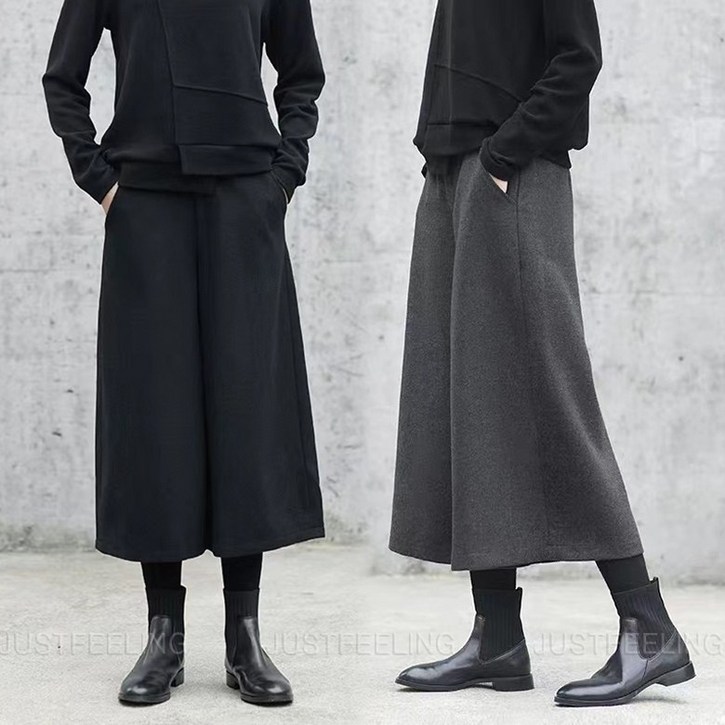 JUSTFEELING 여성 9부바지 빅사이즈 치마바지 가을 겨울 밴딩 팬츠 와이즈 긴바지 편한 바지  D10U