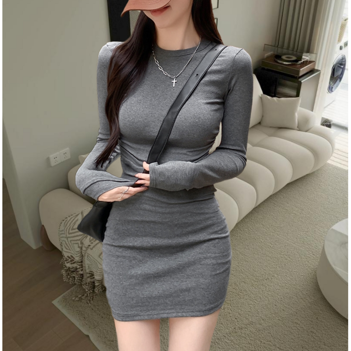 스판 무지 긴팔 슬림 미니 원피스