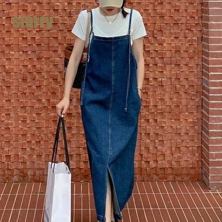 starry 나시 데님 원피스 여 여름 신상 루즈핏 트임 데님 롱스커트 얇은 학생 데님 멜빵 원피스