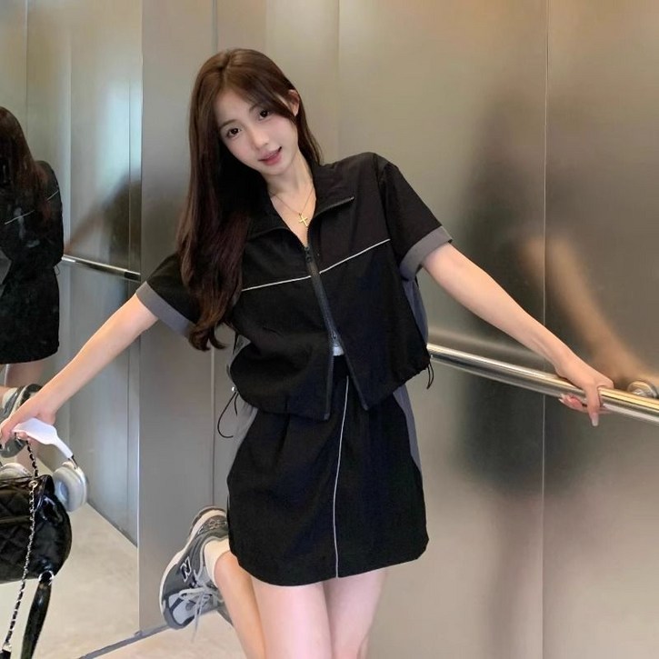 ANYOU 여성 여름투피스 집업 반팔티+스커트 셋업 빅사이즈 트레이닝세트