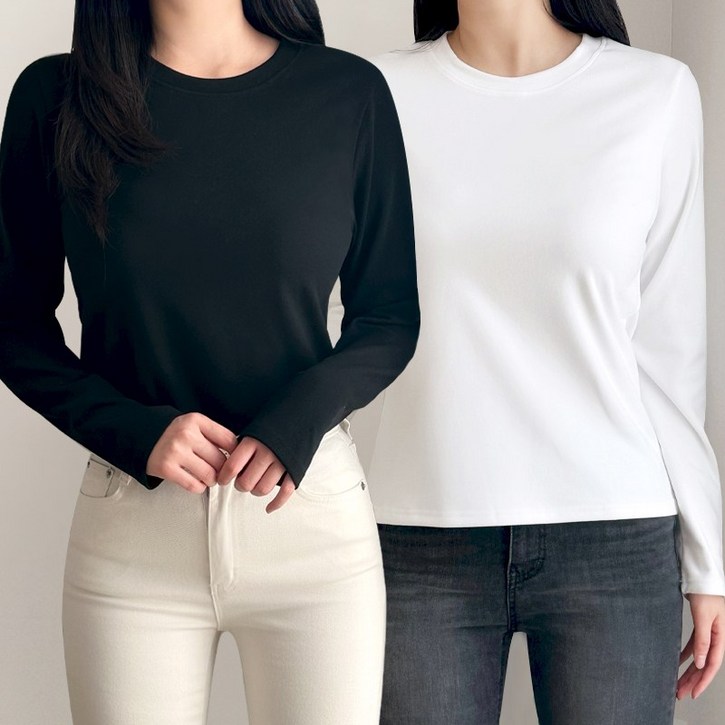 허블리 1+1 여성 기모 라운드 긴팔 티셔츠