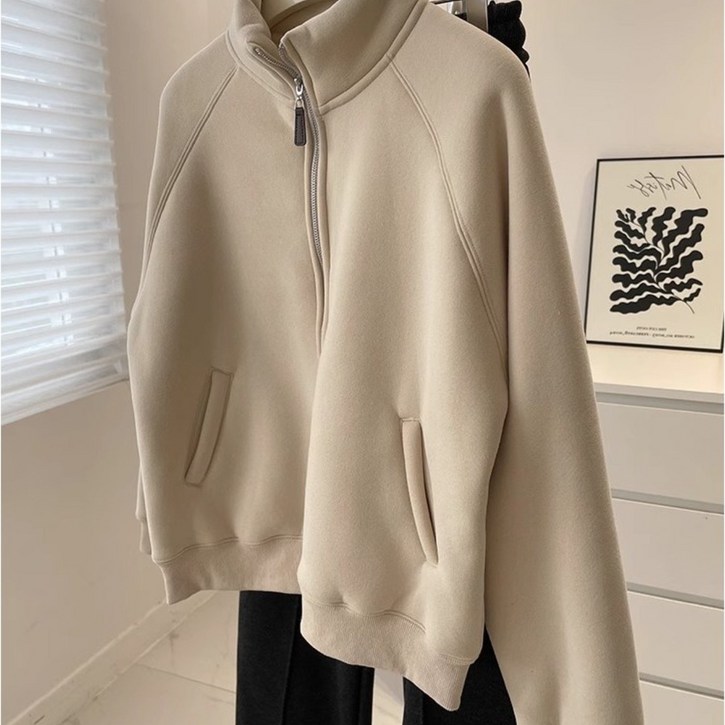 ANYOU 도톰한 스웨이드 맨투맨 코트 여 통근 코디용 따뜻 캐주얼 하이넥 집업 카디건