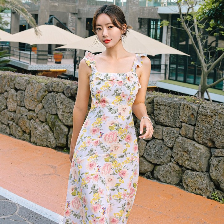 헤링본 프릴 나시 백리스 트임 플라워 비치 롱 원피스 HG136