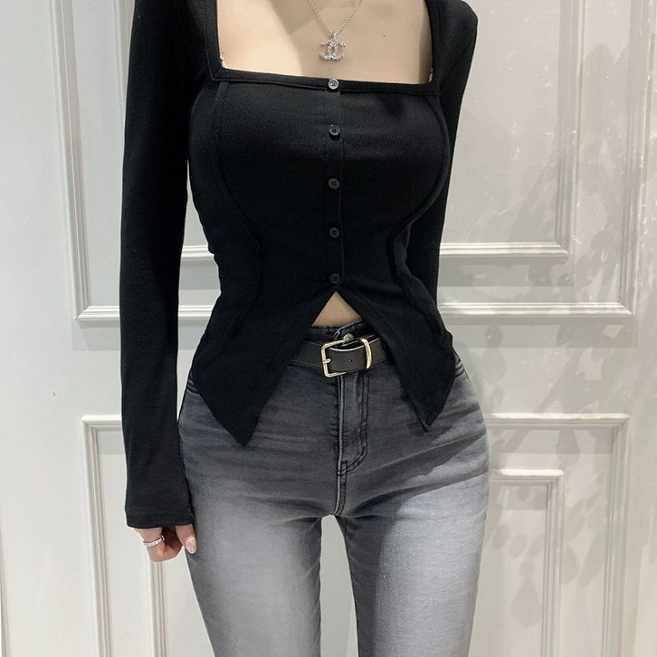 아이엠몽 여성용 란마 스퀘어넥 버튼 긴팔 티셔츠 아이엠몽 여성용 란마 스퀘어넥 버튼 긴팔 티셔츠