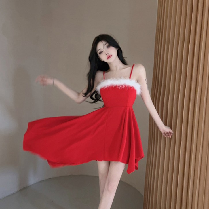 퍼니걸스 6670 뷔스티에 나시 사선 언발 프릴 미니 원피스