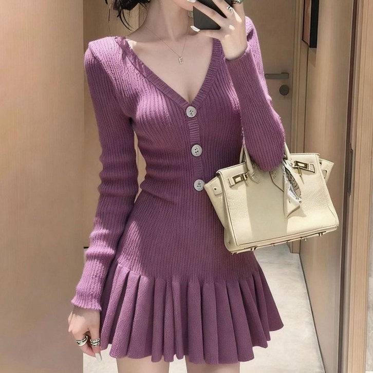 ROYALBELLE 여성 브이넥 슬림핏 니트 긴팔 주름 미니 원피스 데일리룩 V0110616