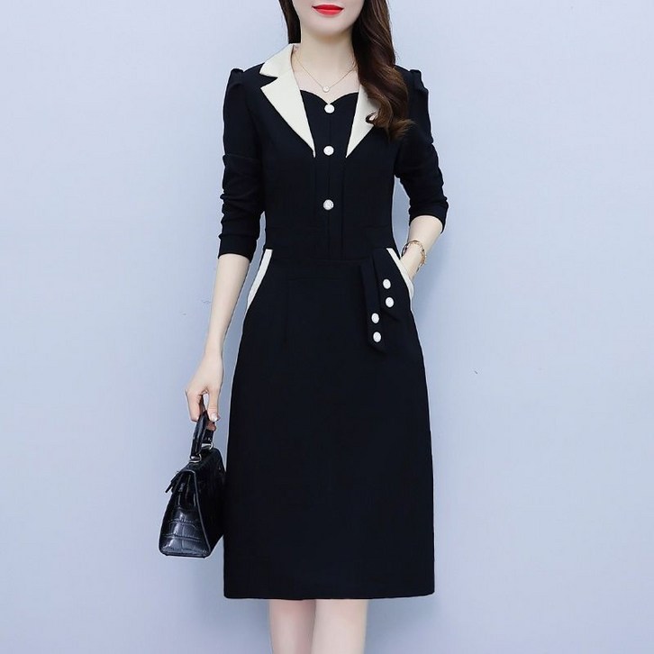 COSYEVNO 원피스 봄신상 빅사이즈 여성복 양복 칼라 서양풍 패치 긴팔 스커트