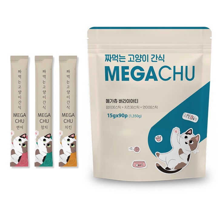 메가츄 짜먹는 츄르 고양이간식 90스틱 대용량, 2개, 연어치킨참치, 1.35kg, 2개