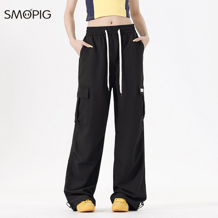 SMOPIG 여성 여름 바지 와이드 와이드 팬츠 밑단 스트링 조절 날씬해 보이는 빅 사이즈 바지 카고바지 SMOPIG 여성 여름 바지 와이드 와이드 팬츠 밑단 스트링 조절 날씬해 보이는 빅 사이즈 바지 카고바지