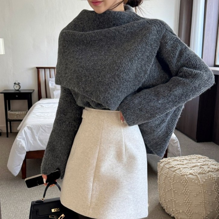 떳다그녀 울20 컴피 케이프 니트 셋업 언발 드레이프 폴라넥 판초 터틀넥 니트 세트