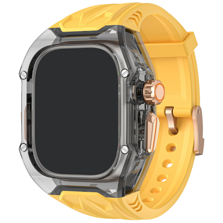 애플워치 호환 일체형 풀커버 투명수지 케이스 고무 스트랩 세트 11 10 9 8 7 6 SE123 494645444140mm 울트라123 밴드, 반투명블랙 옐로