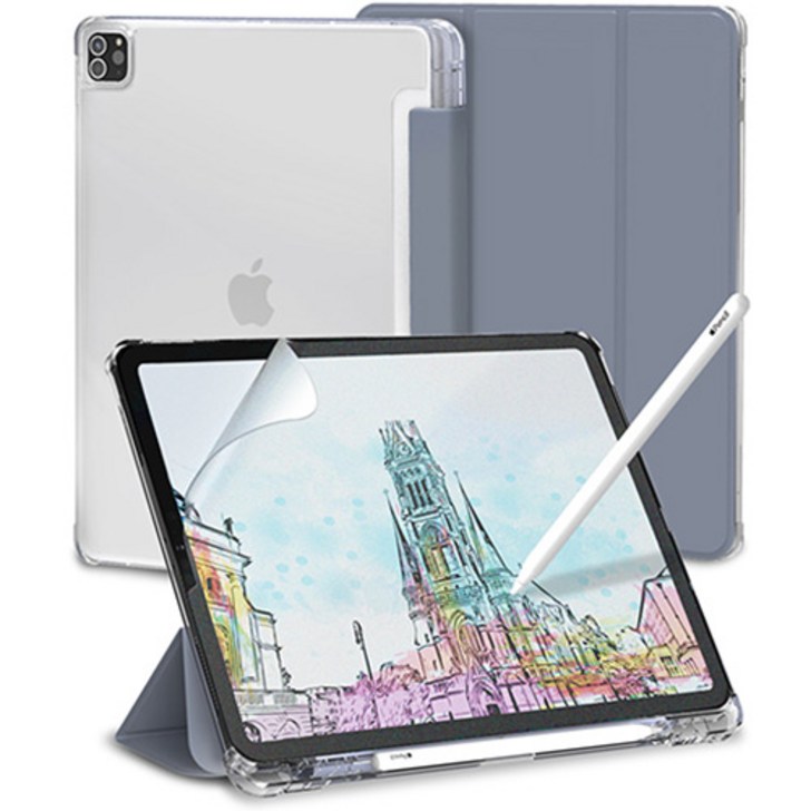 신지모루 클리어 애플펜슬 수납 태블릿PC 케이스 + 종이질감 액정보호 필름 세트, 라벤더 퍼플 20230704