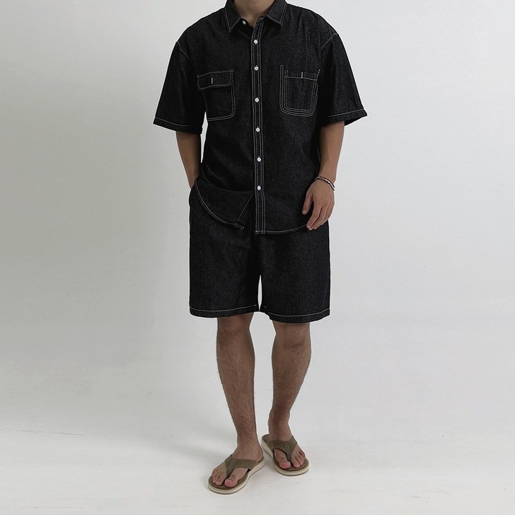 남성 여름 오버핏 데님 반팔 셔츠 밴딩 반바지 상하의 세트