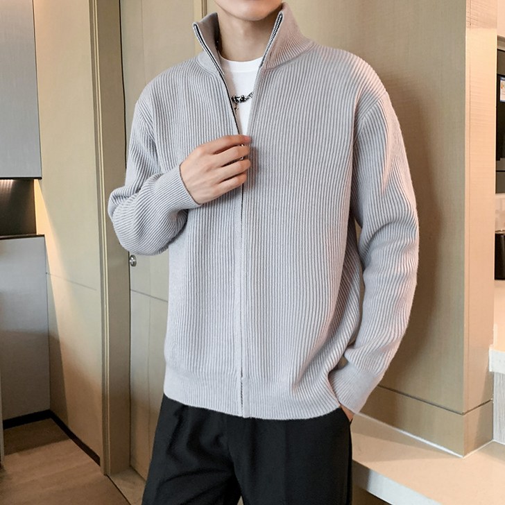 새로운 봄가을 스웨터 가디건 얇은 니트 남성 트렌디한 단색 긴팔 지퍼 남성 재킷
