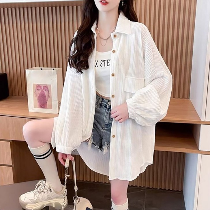 AOKADA 여성 가을 오버핏 가오리핏 플리츠 셔츠 남방 간절기 가디건