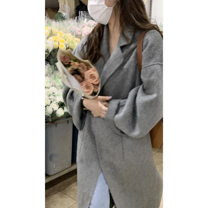 미엘 울100 캐시미어 여성 루즈핏 더블버튼 오버핏 롱 핸드메이드 코트