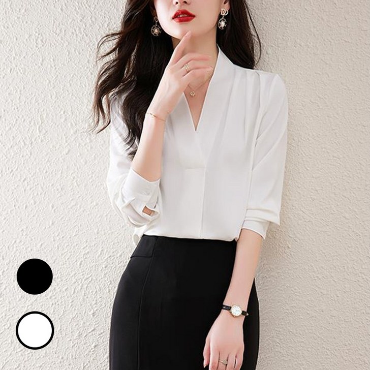 Titikong 여성 쉬폰 V넥 블라우스 하객 면접 정장 노카라 베이직 긴팔 셔츠