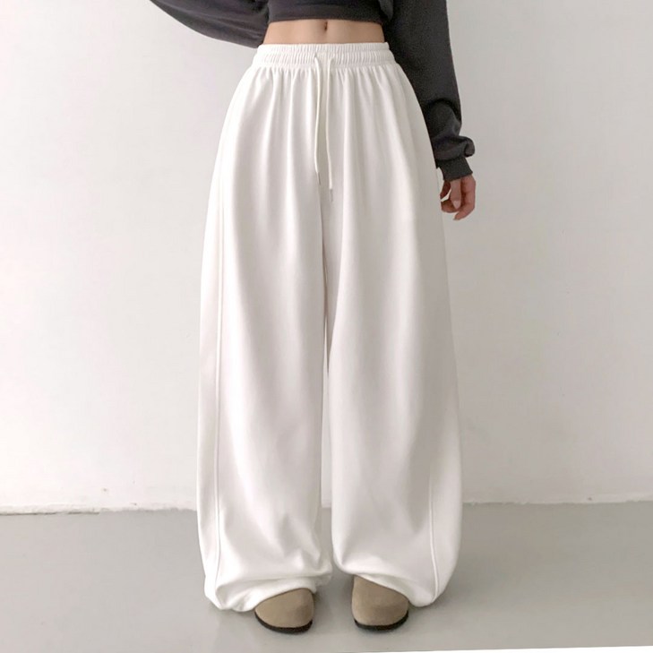 플랜데이 여성용 롱숏 기장 버블 핀턱 아방 와이드 트레이닝팬츠