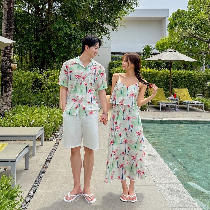 4477 피지 무드 휴양지 커플룩 신혼여행 여성 여름 바캉스 롱원피스 허니문 하와이안 비치룩 시밀러룩 반팔셔츠 세트 휴가 여행용 베트남 해변옷