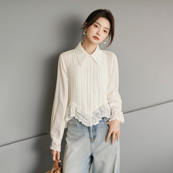 지고다그 여성용 간절기 레이스 배색 셔츠 쉬폰 블라우스 긴팔 루즈핏 여리핏 우아한 데일리 상의 WY73771