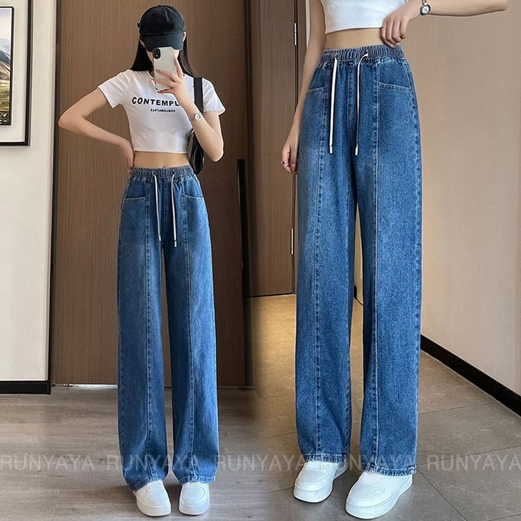허리밴딩 데님팬츠 날씬해 보이는 일자핏 와이드 긴바지 봄 가을 여성 청바지 D88U