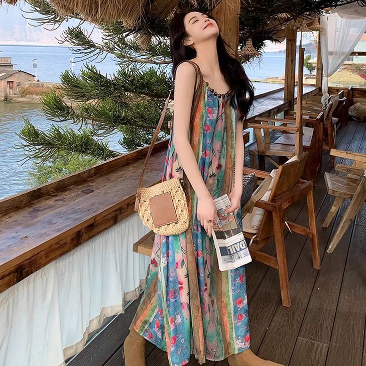 에스닉 플라워 패턴 민소매 나시 원피스 바캉스 휴양지