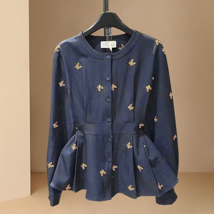 여성 자수 디테일 블라우스 봄 가을용 긴팔 라운드넥 허리라인 블라우스 셔츠