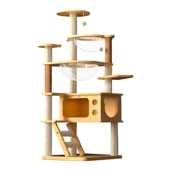New World 캣타워 고양이 스크래쳐 안정적인 구조로 튼튼하고 견고함 다층 구조로 놀이터 링트리 등반 프레임  스크래쳐  고양이장난감 대형 및 소형 고양이 모두 사용, 1개, 원목색