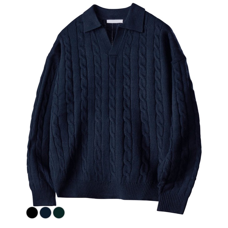 팀스핏 남성용 워셔블 빅사이즈 오버핏 꽈배기 카라 니트 티셔츠