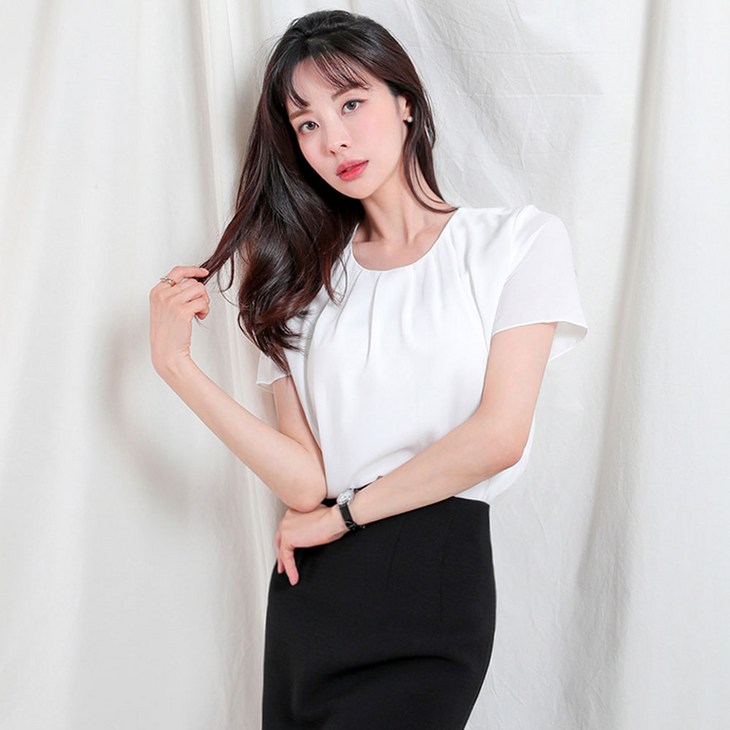 빅사이즈 정장 블라우스 면접 흰색 고급 라운드 셔츠 플레어 셔링 일자