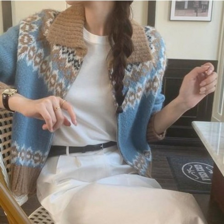 울 컬러예쁜 캐롤 여성 노르딕 패턴 빈티지 루즈핏 카라넥 데일리 집업 가디건 자켓