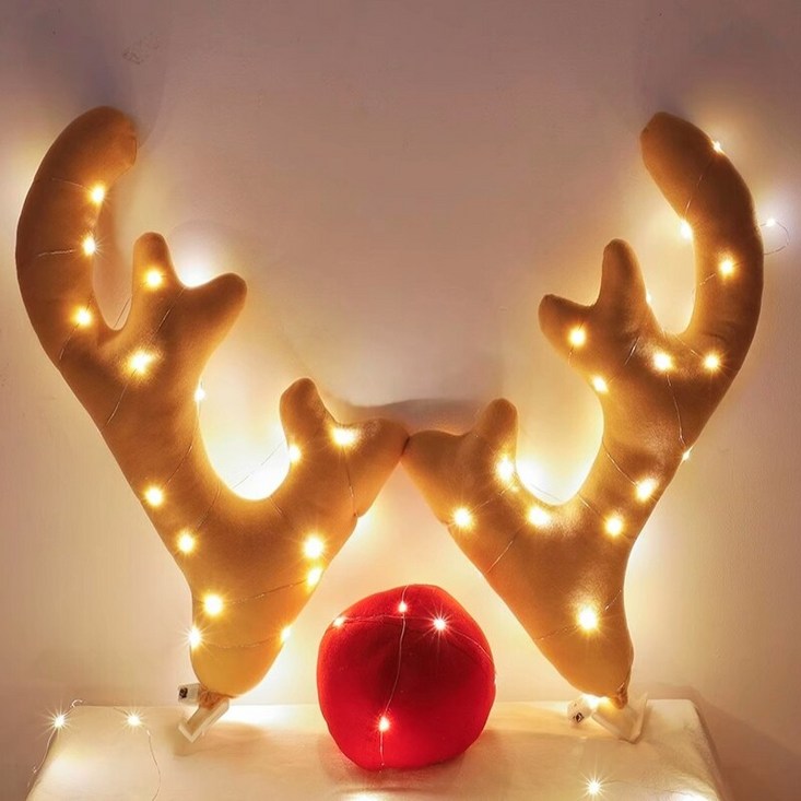 차량 루돌프 장식 세트 LED 조명 사슴 뿔 빨간 코 자동차 크리스마스 루돌카 악세사리