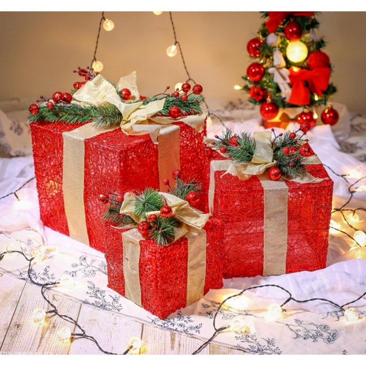 클래식 레드 크리스마스 소품용 선물상자 3종 세트  용품 오나먼트 장식품