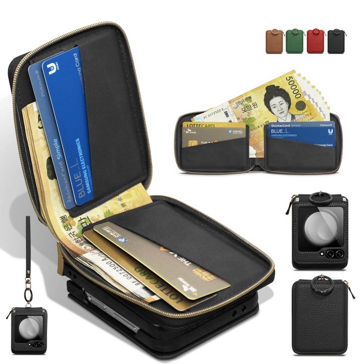 갤럭시 z플립 7 6 5 4 3 대용량 지폐수납 손목 크로스 스트랩, 카드4장 수납 핑거 링, 힌지보호 지갑형 제트 플립 정품 폰케이스 휴대폰 케이스 PU 가죽 현금 제이콥스타일
